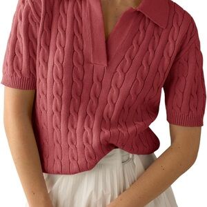 Cable Knit Short Sleeve Polo Sweater (Red) (XL)